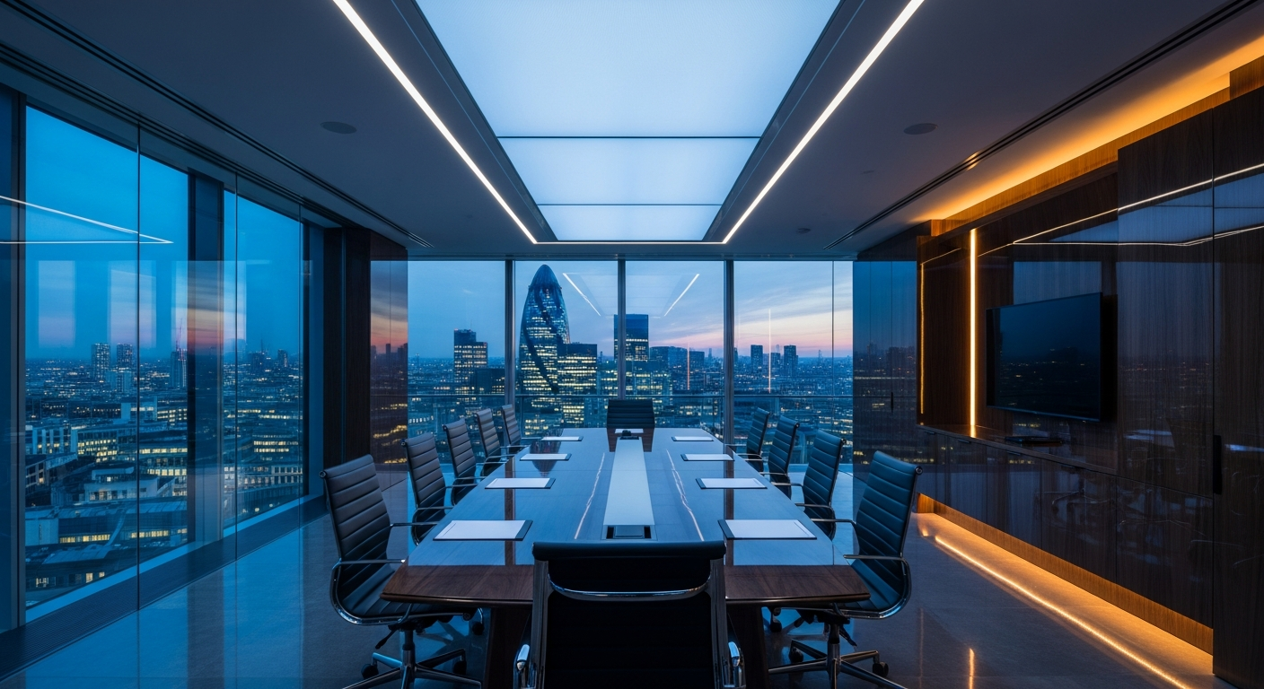 A London boardroom overlooking the city skyline